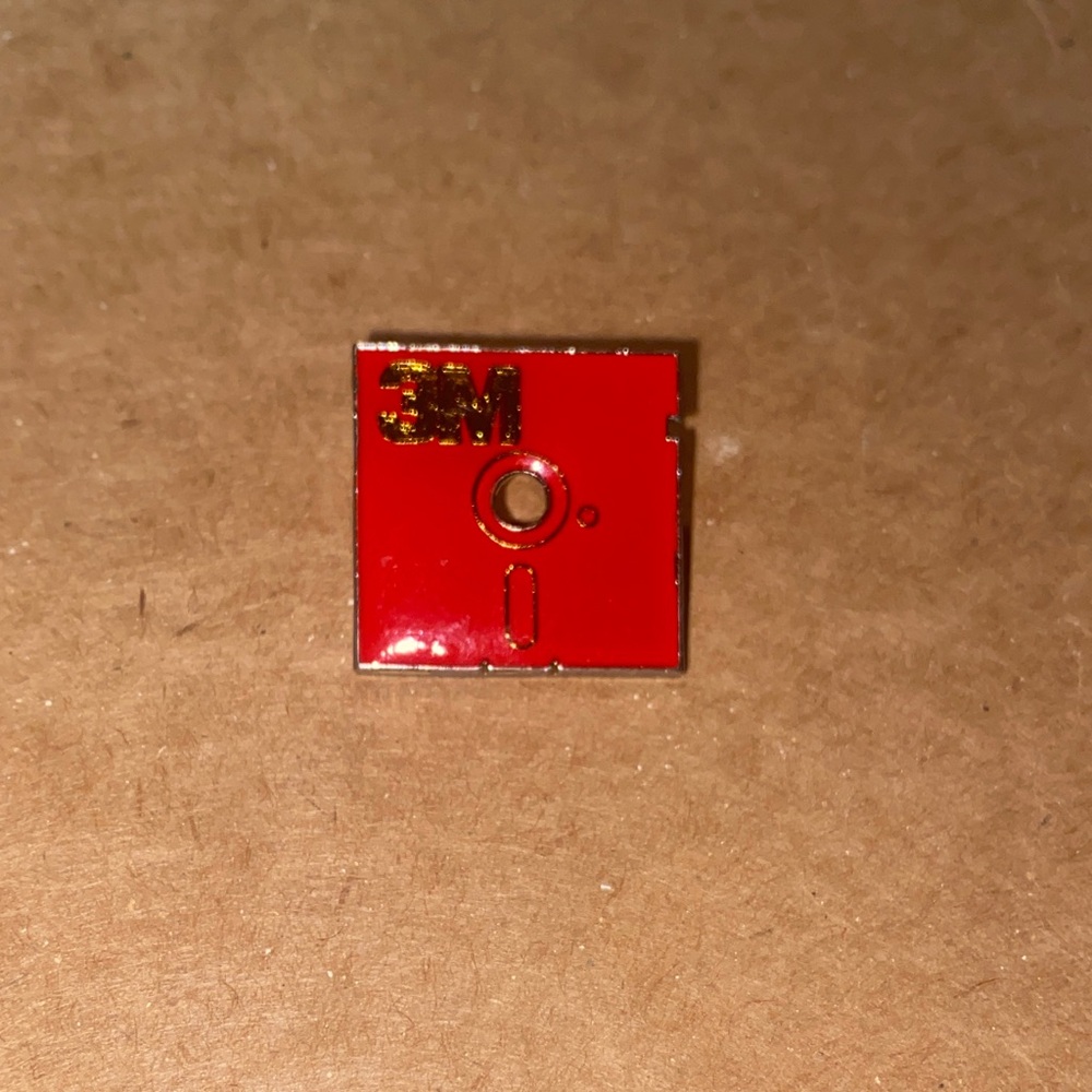 3M Red Floppy Disk Square Pin Vintage Rare
